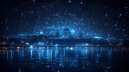 Poster - Futuristic cityscape with blue wireframe buildings reflected in water. Sparkling stars enhance the ethereal, digital aesthetic. Abstract wireframe in dark blue