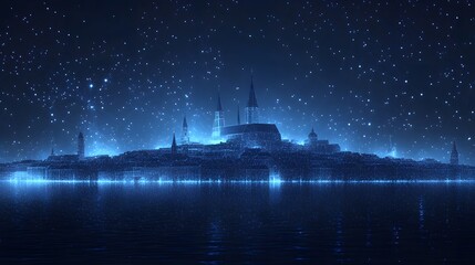 Poster - Futuristic cityscape reflects beautifully in rippling water under a digital starry sky, where classic architecture meets glowing modernity, creating a serene scene. Abstract wireframe in dark blue