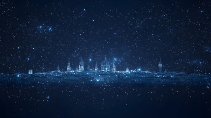 Poster - Blueprint-style cityscape bathed in cool blue light under a starlit night sky. Towers, domes, and varied structures create a futuristic, ethereal scene. Abstract wireframe in dark blue