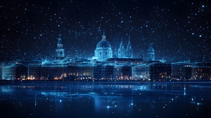 Poster - Futuristic cityscape at night glows with blue wireframes. Star-like lights reflect in the water, creating an ethereal scene. Classic architecture meets modern tech. Abstract wireframe in dark blue.