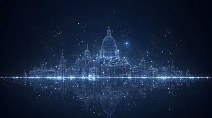 Poster - Futuristic cityscape reflected on water, a digital blueprint of urban innovation and architectural grandeur. European spires meet technology in this dark blue scene. Abstract wireframe in dark blue.