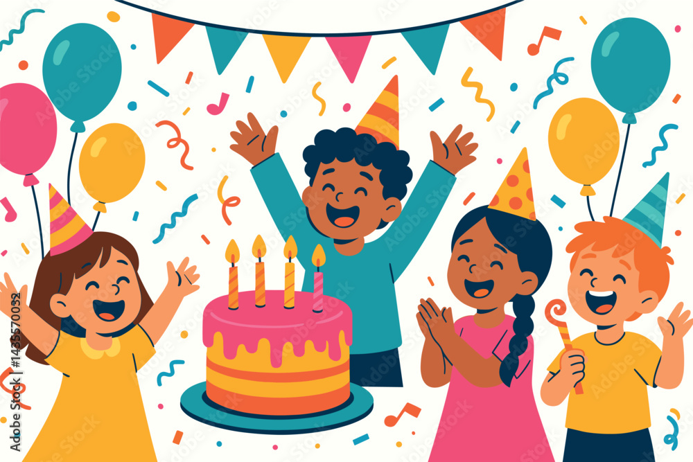 Group of children are celebrating a birthday with a cake and balloons ...