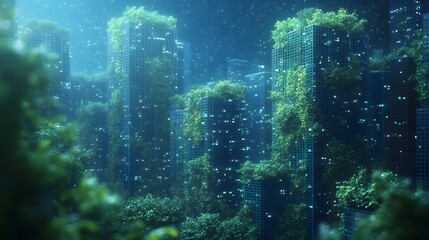 Poster - Futuristic cityscape where nature reclaims urban architecture. Greenery engulfs grid-like skyscrapers under a starry sky, glowing with cool, dark mystery. Abstract wireframe in dark blue.