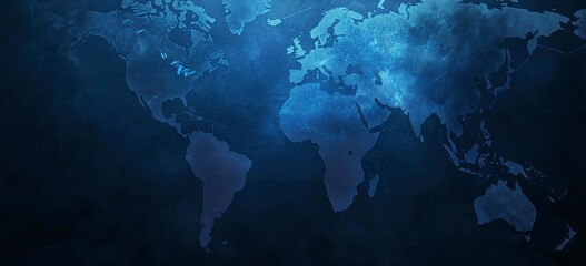 Abstract blue background with a world map and global network connection technology. Digital illustration of the Earth globe on a dark abstract geometric polygonal grid backdrop, a concept banner 