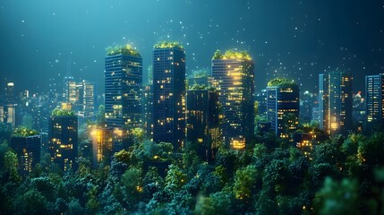 Poster - Urban utopia at night merges nature and city life. Skyscrapers rise above lush trees, topped with rooftop gardens. Lights glow warmly, creating a dreamy cityscape. Abstract wireframe in dark blue