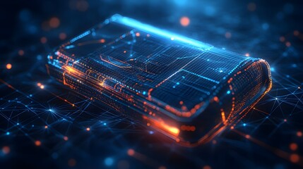 Leinwandbilder - Futuristic smartphone concept with glowing blue circuitry and orange highlights. Intricate grid patterns suggest advanced data processing, a tech-driven device. Abstract wireframe in dark blue.