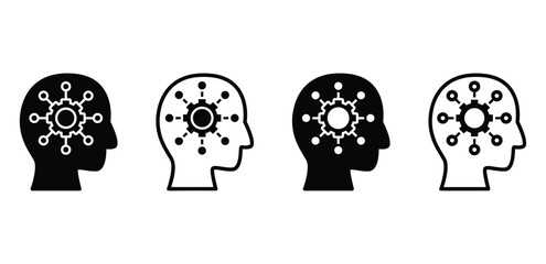 Critical Thinking Icon Black and White Silhouette Head with Abstract Network Vector Design