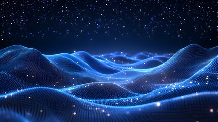 Aufkleber - Stylized blue waves glisten under a starry sky. Tiny, glowing dots form the waves, creating depth. Shimmering dots add sparkle to the serene scene. Abstract wireframe in dark blue.