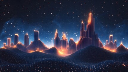 Poster - Futuristic cityscape with dot-matrix hills and glowing skyscrapers under a star-filled night. Digital art creates a dreamlike urban scene. Abstract wireframe in dark blue