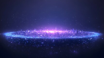 Poster - A futuristic, glowing cityscape floats in space, a digital metropolis beneath a starry sky. Dominated by blue and purple hues, it evokes high-tech and virtual realms. Abstract wireframe in dark blue