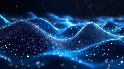 Leinwandbilder - Abstract digital landscape with blue dot waves and glowing orbs creates a futuristic tech feel. Data visualization meets art, glowing in digital dark. Abstract wireframe in dark blue