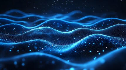 Leinwandbilder - Digital landscape of luminous blue dots forming wave-like structures. Sparkling points create a futuristic atmosphere, enhanced by depth and movement. Abstract wireframe in dark blue.