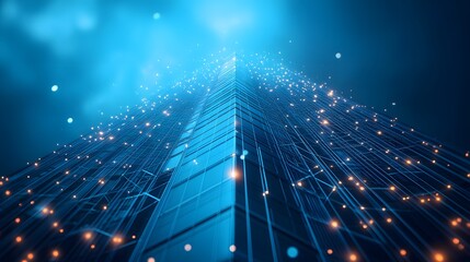 Poster - Modern glass building rises, intertwined with glowing network lines and vibrant orbs. Low angle emphasizes its height. Abstract wireframe in dark blue.