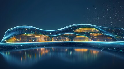 Poster - Futuristic building with a flowing design, aglow with embedded lights, reflects in tranquil water under a dark blue sky. Modern architecture meets serenity. Abstract wireframe in dark blue.