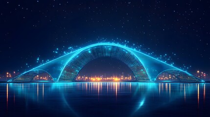 Poster - Futuristic archway with vibrant blue light over water, city skyline reflecting in the dark blue water, and a starry sky create a magical, digital scene. Abstract wireframe in dark blue.
