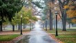 © ida - A wet pathway lined with lampposts amid vibrant autumn trees