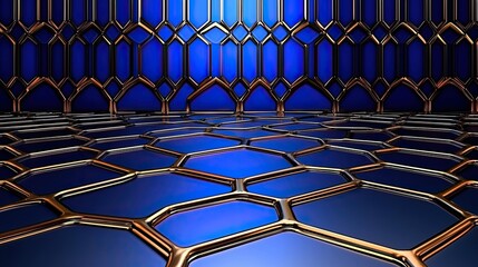 Wall Mural - abstract blue and gold hexagon pattern: a 3d render of geometric design