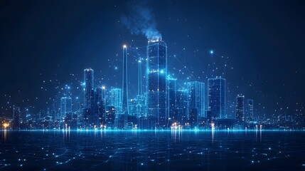 Poster - Futuristic metropolis at night, glowing blue skyscrapers reflected in water. A networked digital cityscape with interconnected designs and smoke. Abstract wireframe in dark blue