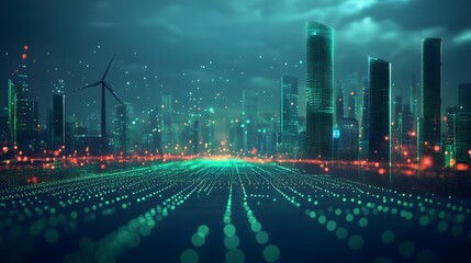 Poster - Futuristic cityscape glows under a teal sky. Skyscrapers with grid textures and soft lighting mix with glowing green fields. Wind turbine adds a sustainable touch. Abstract wireframe in dark blue