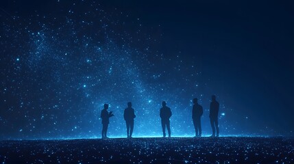 Aufkleber - Silhouettes interact with a luminous digital web, creating a futuristic, immersive scene. Glowing connections surround figures in a dark blue space. Abstract wireframe in dark blue.