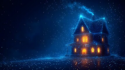 Poster - Futuristic house rendered in a wireframe style with glowing blue lines and dots. Warm orange light emanates from the windows, contrasting the cool blues. Abstract wireframe in dark blue