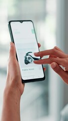 Aufkleber - Person, hands and browsing with phone screen for hotel accomodation, online booking or planning vacation. Closeup, display or user scrolling on mobile smartphone, website or app for stay at resort