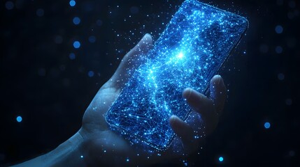 Leinwandbilder - A hand holds a smartphone displaying a vibrant, interconnected network of blue lines and dots. This symbolizes technology and connectivity. Abstract wireframe in dark blue.