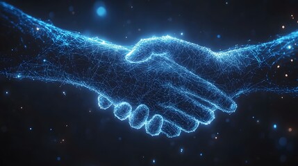 Leinwandbilder - A digital handshake symbolized by glowing blue network connections. Illustrates collaboration, partnership, and technological agreement in the digital age. Abstract wireframe in dark blue.