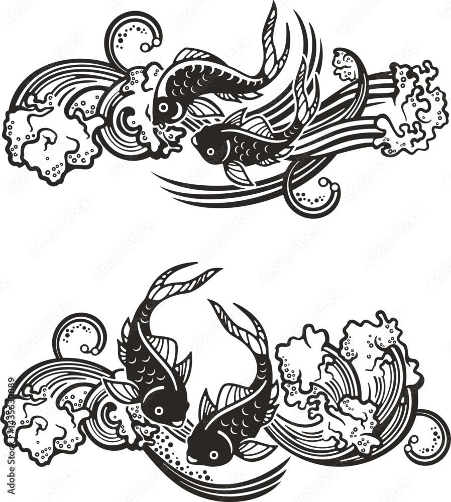 Vector Chinese koi fish ornamental designs with wave backgrounds. Asian ...