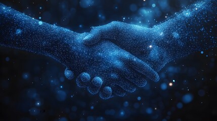 Leinwandbilder - Futuristic handshake depicted with glowing blue lines and bokeh background evokes trust and technology. Perfect for illustrating collaboration in the digital age. Abstract wireframe in dark blue.