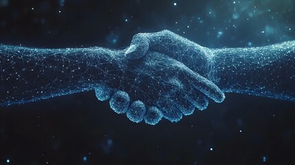 Leinwandbilder - A digital handshake representing agreement and collaboration. Networked hands glow with blue light, symbolizing connection in a modern, abstract way. Abstract wireframe in dark blue.