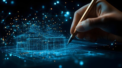 Poster - Futuristic architectural design unfolds as a hand sketches a glowing house blueprint. Energy particles weave a digital network, illustrating innovation. Abstract wireframe in dark blue.