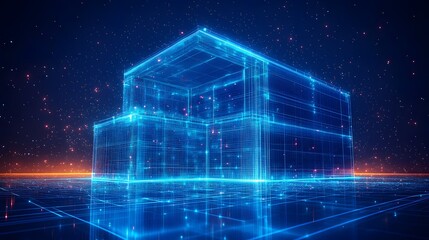Fototapete - Futuristic, glowing wireframe building floats above a reflective grid. The reddish-orange stars create a captivating contrast. Two-story digital architectural design. Abstract wireframe in dark blue.