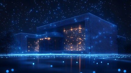 Poster - Futuristic cube structure glows blue under a starry sky, with warm orange light peeking through openings. Reflective ground enhances the modern design. Abstract wireframe in dark blue.