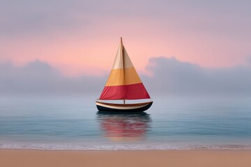  Sailboat with vivid red yellow sail floating calmly on ocean surface at twilight with light reflection and pastel sky forming serene travel atmosphere