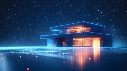 Poster - Modern architecture meets the cosmos. A geometric building glows under a starry sky, reflected in polished ground. Futuristic and dreamlike atmosphere. Abstract wireframe in dark blue
