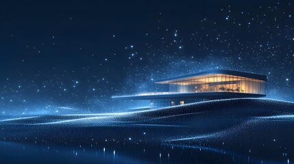 Poster - Sleek modern architecture shines against a cosmic nightscape. Glowing particles create an ethereal ground, blending technology and dreams. Abstract wireframe in dark blue.
