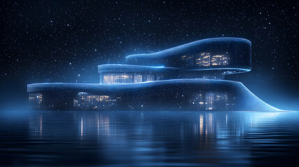 Poster - Futuristic, glowing blue structure on water, reflecting in the dark. Starry night sky adds a surreal, technologically advanced feel. Abstract wireframe in dark blue.