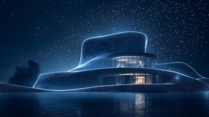 Poster - Futuristic architecture meets tranquil waters in this night scene. The sleek, glass building glows with pixelated blue lights, reflecting in the dark water. Abstract wireframe in dark blue.