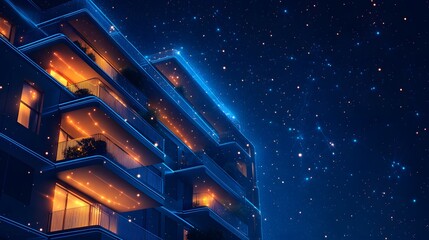Poster - Modern building at night, balconies adorned with plants and blue neon lights, windows glowing warmly. A star-filled deep blue sky creates a cosmic, dreamlike ambiance. Abstract wireframe in dark blue.