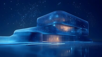 Poster - Futuristic architecture shines beneath a star-filled sky. The blue, grid-like building with warm interior light reflects on the ground, enhanced by pathway elements. Abstract wireframe in dark blue