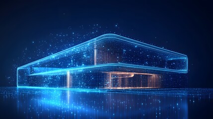 Leinwandbilder - Futuristic structure glows with blue wireframes and amber accents against a dark blue backdrop. Reflective grid adds depth. Evokes technology and innovation. Abstract wireframe in dark blue.