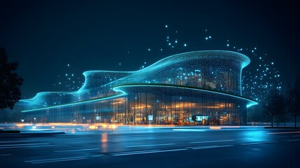 Poster - Futuristic building glows at night with wave-like blue lights reflecting on wet road. Warm interior light and trees contrast with digital sky. Abstract wireframe in dark blue.