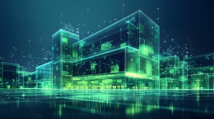 Leinwandbilder - Futuristic city with neon-green wireframe buildings reflected in water. Digital network connects glowing points above, creating a cool, blue-green atmosphere. Abstract wireframe in dark blue