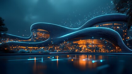 Poster - Futuristic architecture meets nature, illuminated by blue and orange hues. Wavy structures and reflective surfaces create depth. A modern, vibrant scene. Abstract wireframe in dark blue