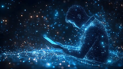 Leinwandbilder - Futuristic concept featuring a glowing digital figure interacting with a tablet amidst a bokeh of blue and white lights, highlighting technology's pervasive influence. Abstract wireframe in dark blue