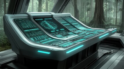 Futuristic console, jungle backdrop, control, science fiction