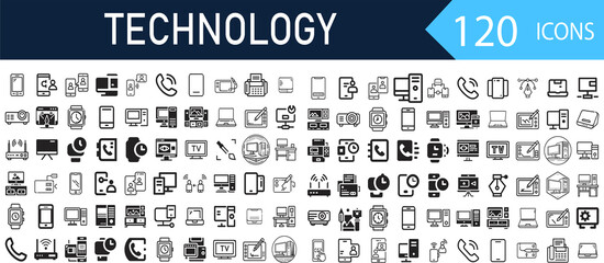 flat information tech icons – thin line design. isolated on transparent background. black and white 
