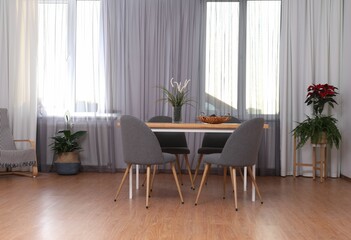 Poster - Windows with stylish curtains in living room interior