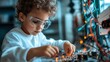 © Freshpixel - A focused young child works intently on a circuit board, showcasing curiosity, creativity, and a passion for technology and engineering in a vibrant learning environment.